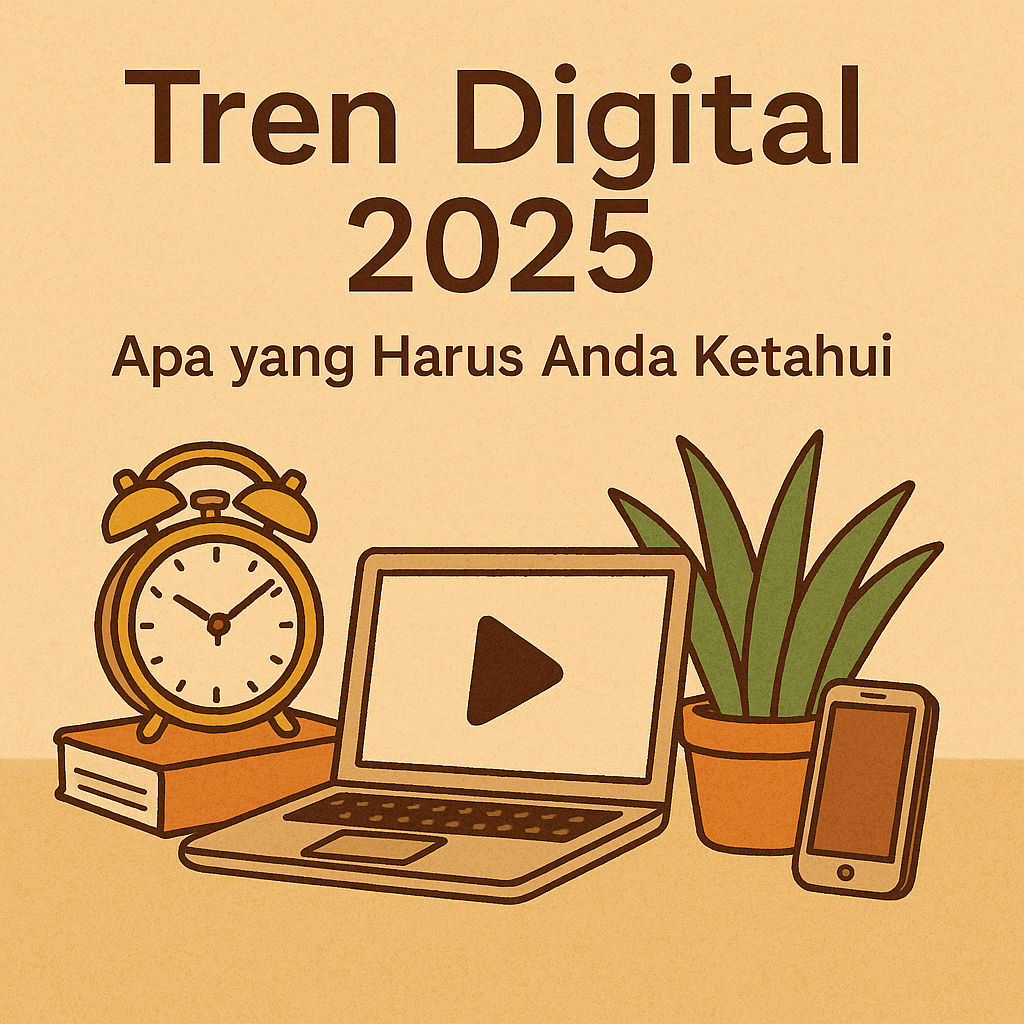 Ilustrasi hangat bertema tren digital 2025 dengan laptop, jam meja, ponsel, dan tanaman hias di atas meja bergaya retro pada latar krem lembut.