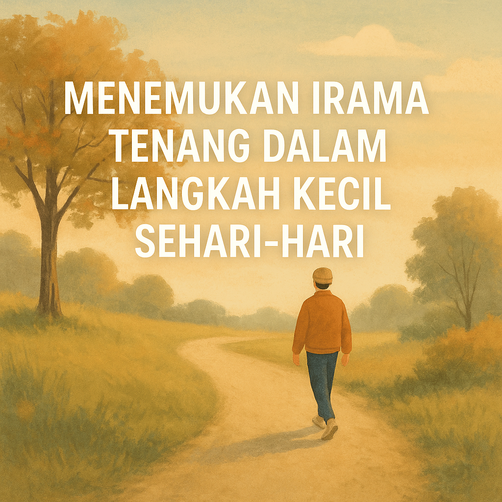 Ilustrasi seorang pria berjalan santai di jalan setapak dengan suasana pagi yang tenang, menggambarkan tema menemukan irama tenang dalam langkah kecil sehari-hari.