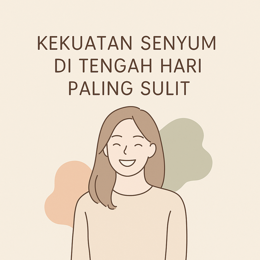 Ilustrasi minimalis seorang wanita tersenyum dengan latar warna pastel dan teks “Kekuatan Senyum di Tengah Hari Paling Sulit”.